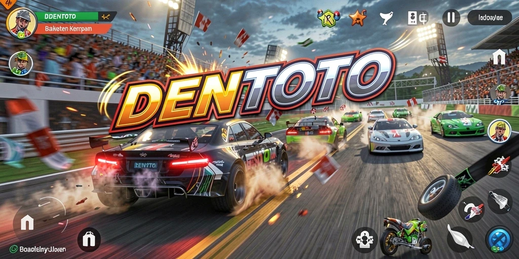 Gameplay DENTOTO yang penuh aksi dengan mobil balap cepat.