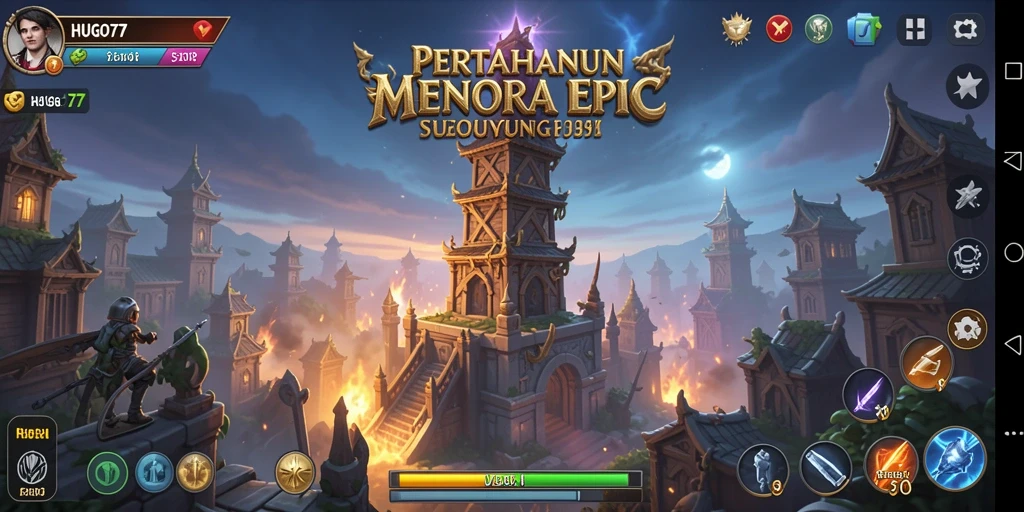 Tampilan gameplay menakjubkan dalam HUGO77 yang penuh strategi Tower Defense.