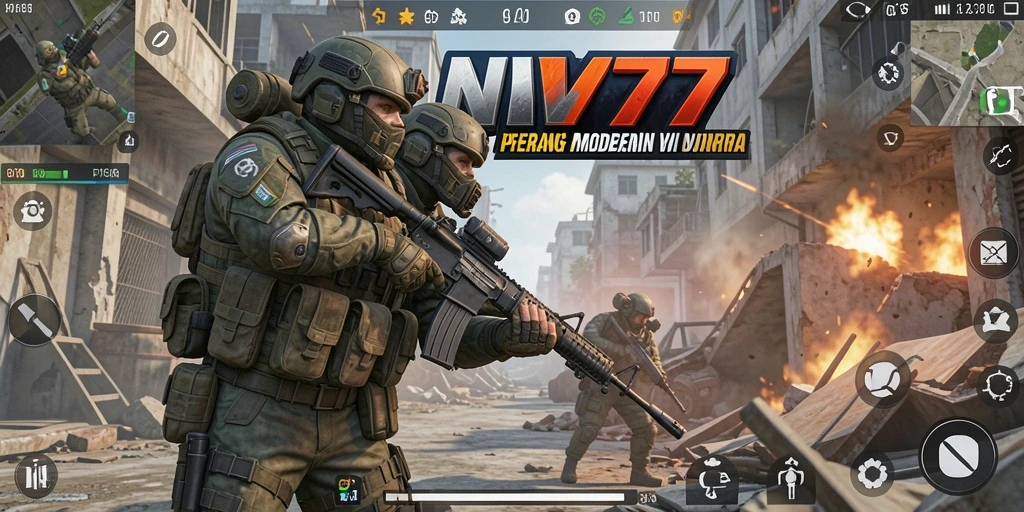 Tangkapan layar utama dari gameplay NV77 dengan aksi FPS yang seru.