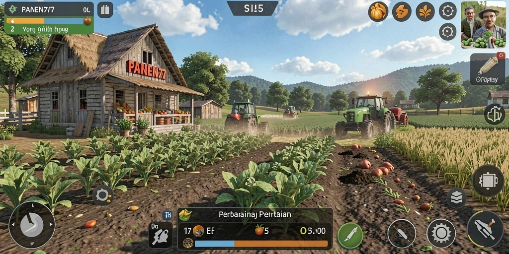 Tampilan gameplay PANEN77 dengan pertanian yang luas dan beragam tanaman.