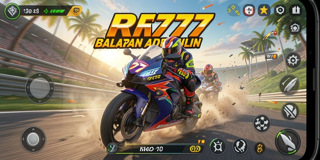 Screenshot gameplay balapan motor yang mendebarkan di RR777.