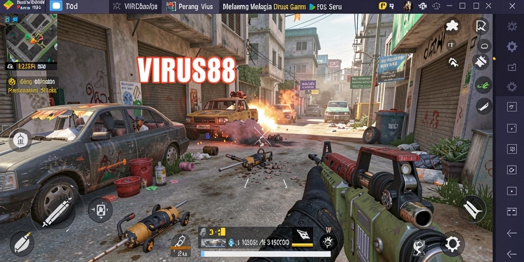 Tampilan gameplay seru dalam VIRUS88 dengan nuansa peperangan melawan virus.